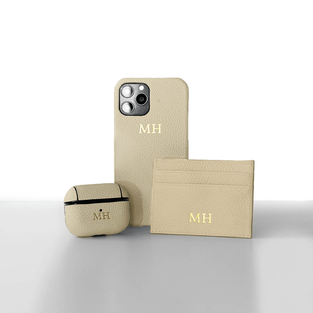 Beige Pebble Genuine Leather Gift Set | Phone Case, Card Holder & Air Pods