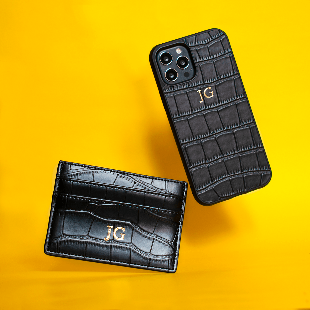 Black Croc Leather Gift Set | Phone Case & Card Holder