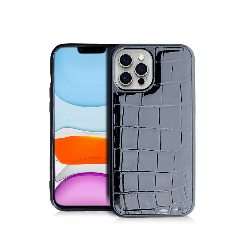 The Best Black Gloss Croc Genuine Leather Phone Cases | iPhone Leather Phone Cases | Pure Leather Phone Case
