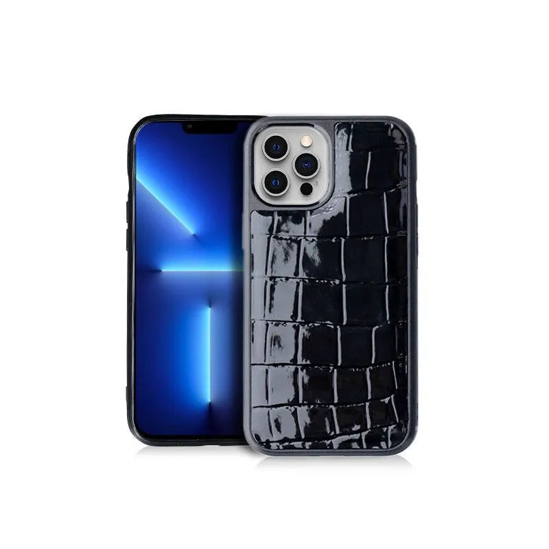 Black Gloss Croc Genuine Leather Phone Cases | Leather iPhone Cases 