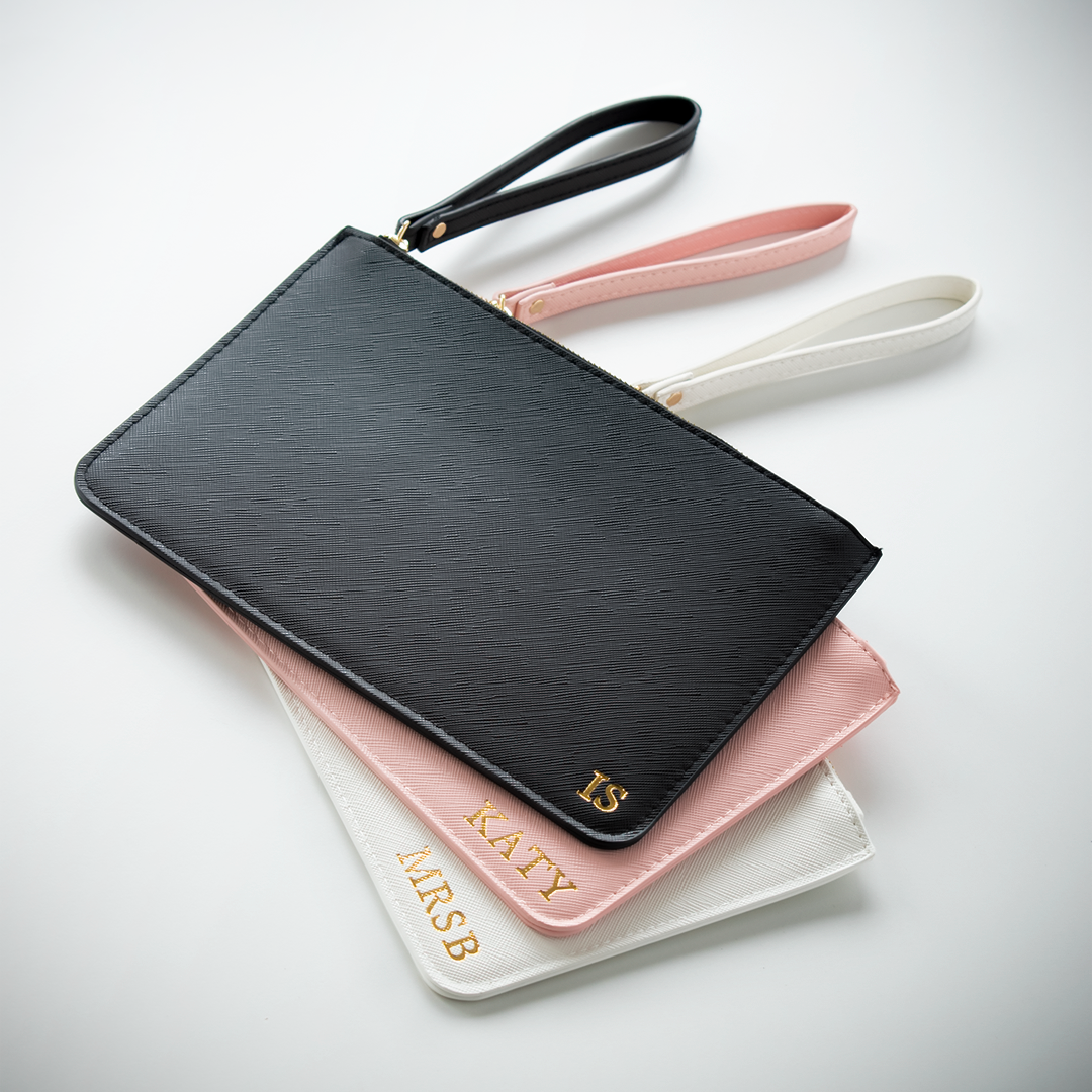 Personalised Leather Clutch Bag | Bridesmaid Wedding Gift | Pink, White, Grey & Black