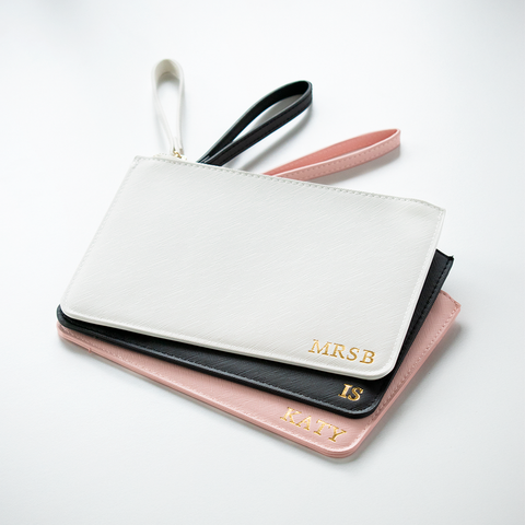 Personalised Leather Clutch Bag | Bridesmaid Wedding Gift | Pink, White, Grey & Black