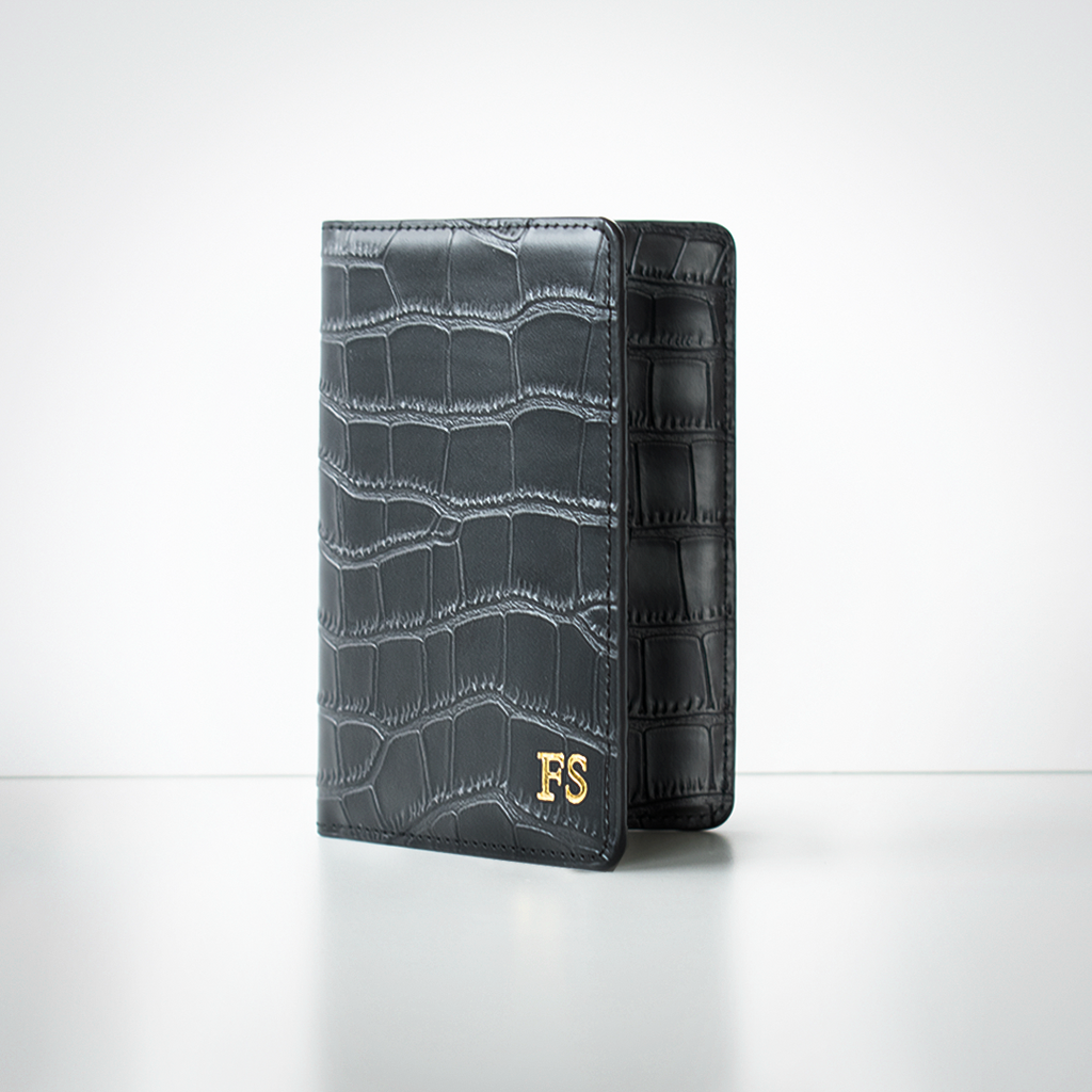 ASOS DESIGN passport holder in black croc with personalized L initial